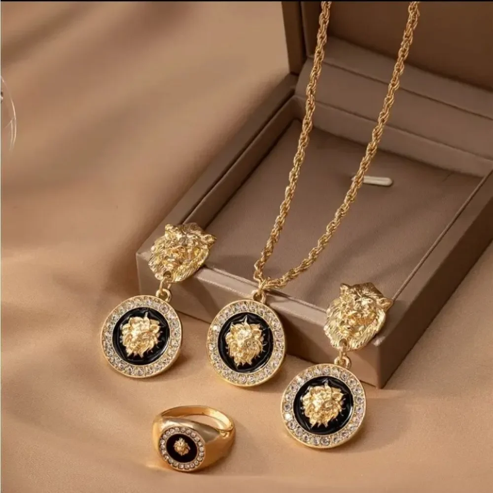 Designer Inspired Lion Necklace Ring & Earrings Set